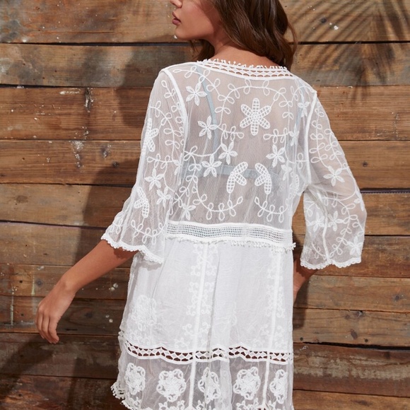 Bohemian Floral Embroidered Beach Cover up Green - Picture 4 of 8